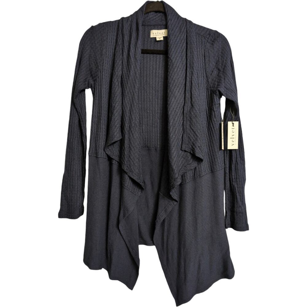 NWT Velvet By Graham & Spencer Navy Long Sleeve Open Front Drape Cardigan Size S